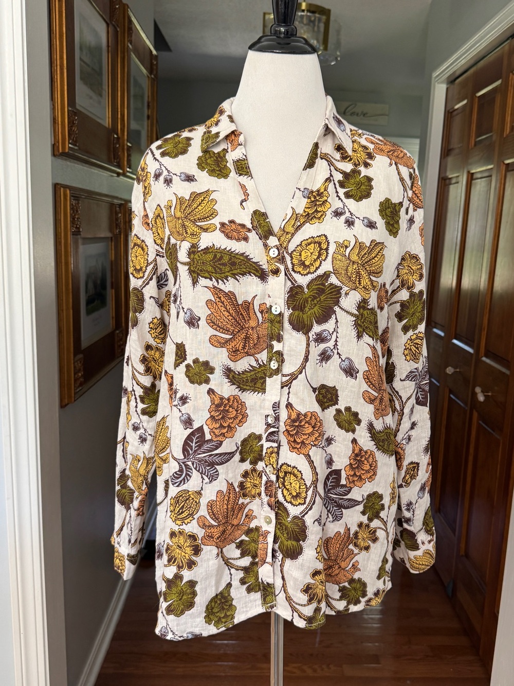 Nicole Miller EUR Flax Seed Linen Retro Botanical Long Sleeve Top Shirt Large
